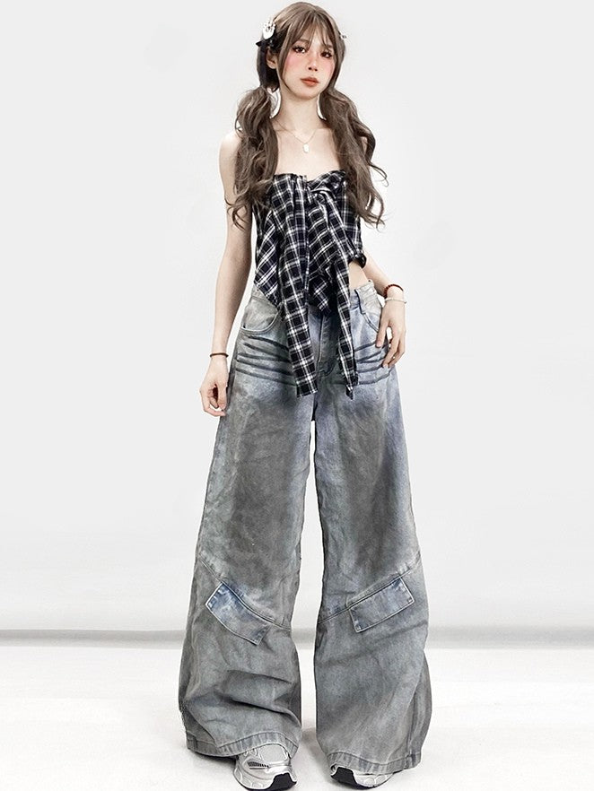 Wide-leg With Blue Bittersweet Jeans BlackWhite Plaid Pattern Accessory Cut Detachable