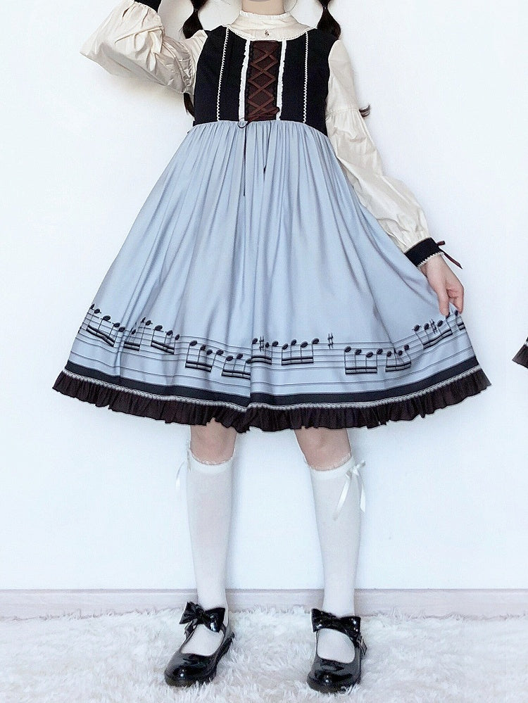 Robe Lolita d'automne bleue à manches longues et col pointu séparé, motif notes de musique