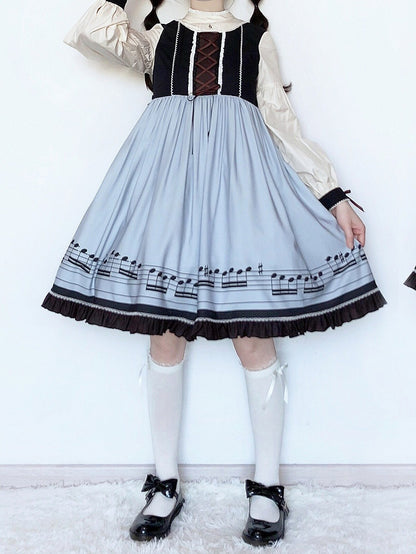 Robe Lolita d'automne bleue à manches longues et col pointu séparé, motif notes de musique