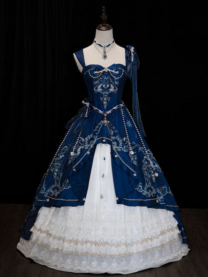 Dark Blue and White Gorgeous Train Dress Lolita Jumper Skirt