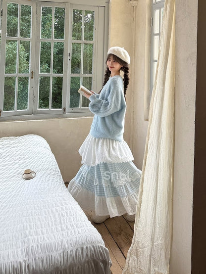 Jupe Mori Kei à carreaux en patchwork de dentelle bleue et blanche à taille haute