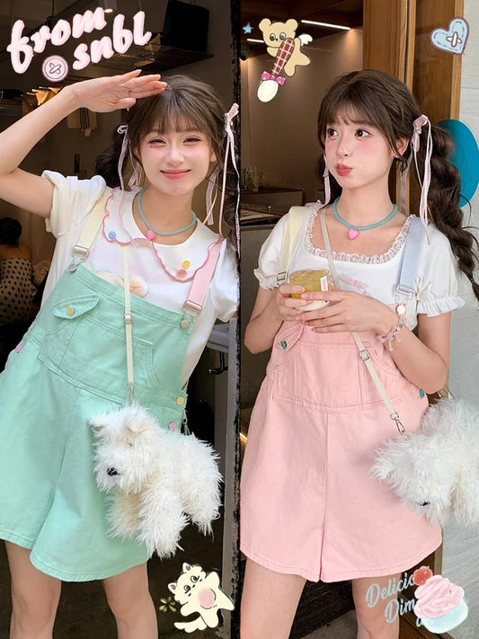 Denim Overall Shorts Green Candy Color Pink/Mint