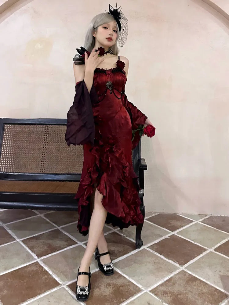 Flounce Sleeves Gown Mermaid Dress Rosette Evening Detachable with Red Burgundy