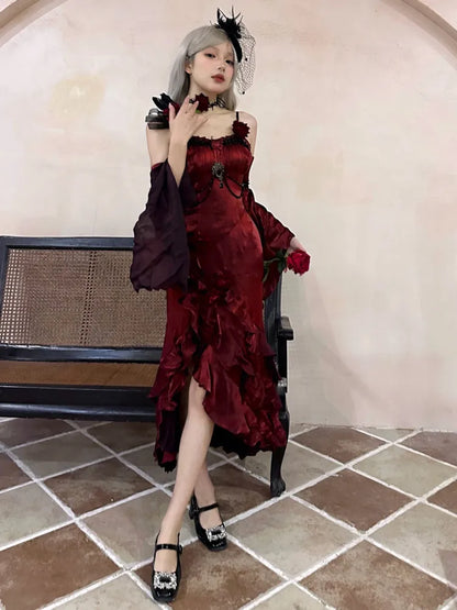 Flounce Sleeves Gown Mermaid Dress Rosette Evening Detachable with Red Burgundy