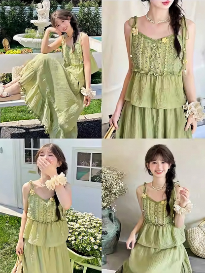 Mori Kei Green Knitted Floral Accents Cami Top