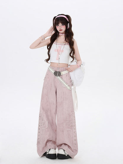 Studded Cross Appliques Wide-Leg Jeans Waist Light Pink Low