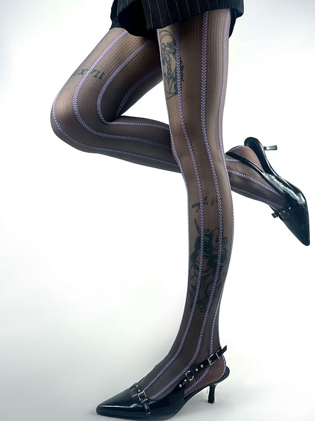 Purple/Brown/White Striped Heart Tights
