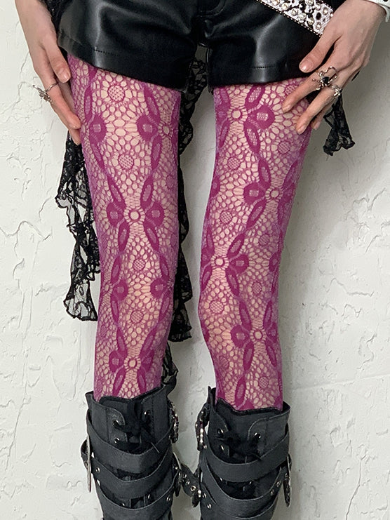 Hollow-out Red Tights Pattern Floral Y2K Rose