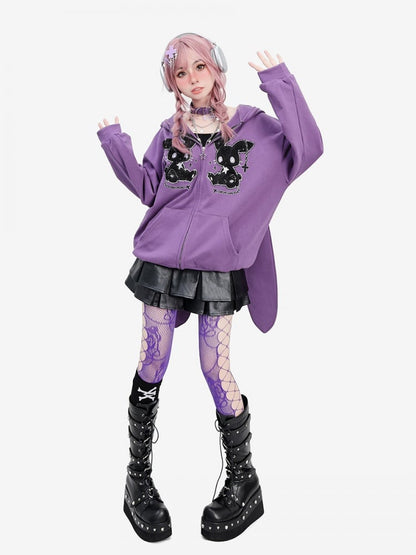 Punk Purple Oversized Bunny Ears Loose Zip Hoodie