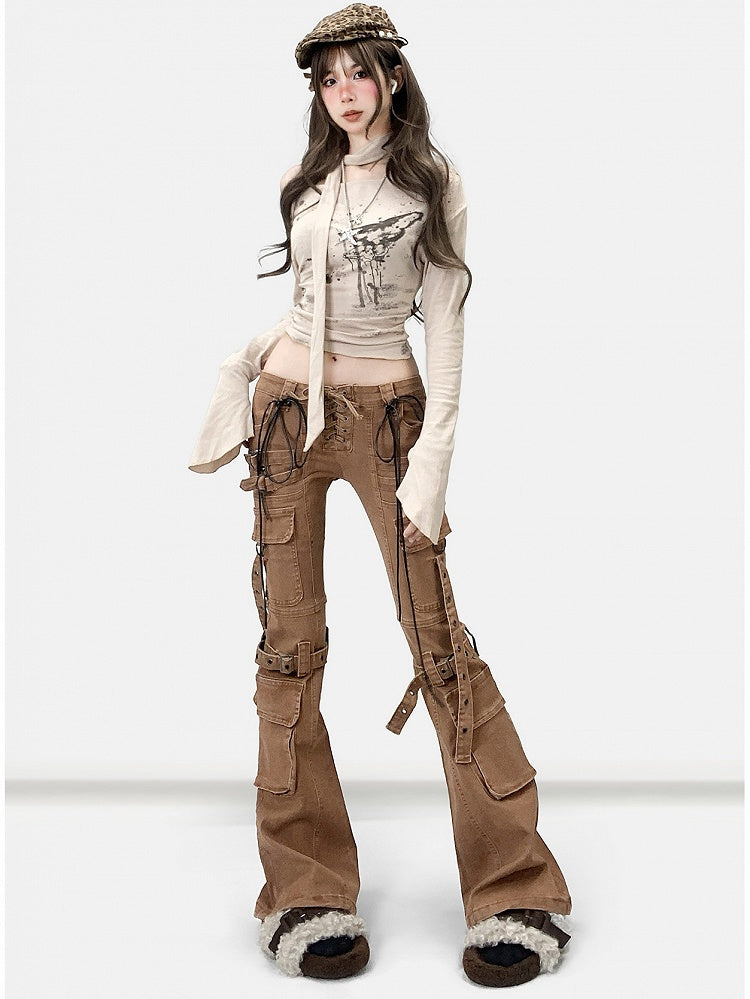 Wasteland Silhouette Flare Lace-up Jeans Punk Detail Brown Coffee