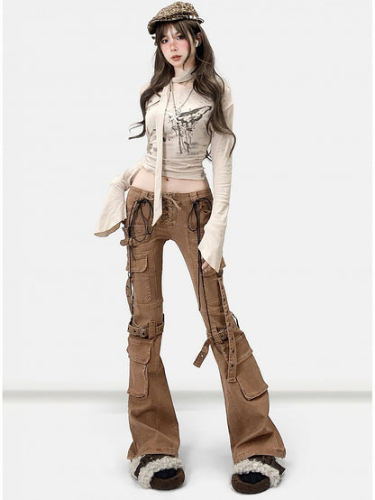 Wasteland Silhouette Flare Lace-up Jeans Punk Detail Brown Coffee
