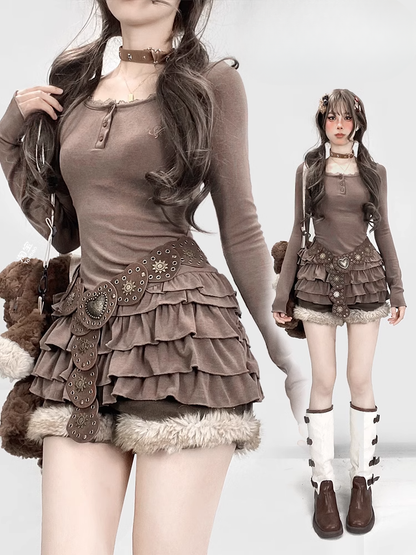 Vintage Brown Round Neck Lace Trim Glamorous Slim-fitting Mini Tiered Dress