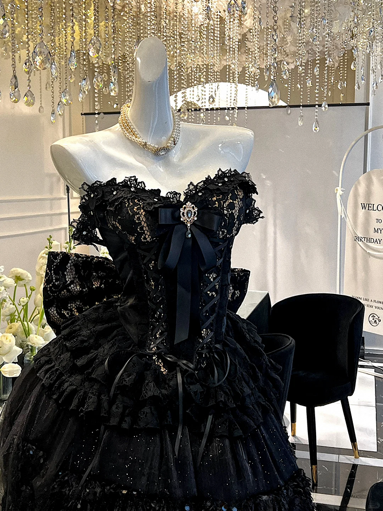 Black and Gold Strapless Sweetheart Neckline Corset Top + Shimmering Black Sequins Skirt