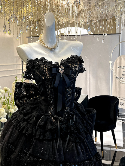 Black and Gold Strapless Sweetheart Neckline Corset Top + Shimmering Black Sequins Skirt