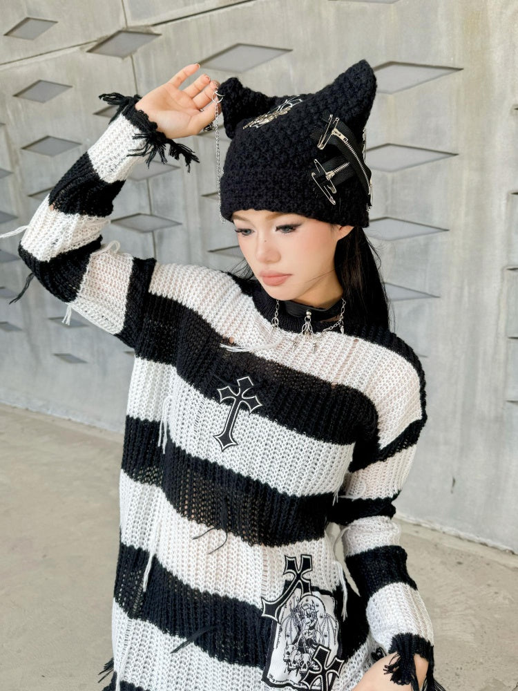 Black Y2K Punk Cross Knit Hat