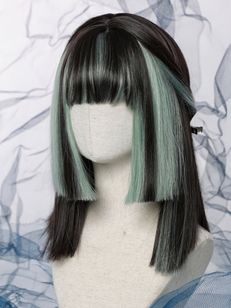 Y2K Black Mint Green Highlight Straight Hime Cut Synthetic Wig