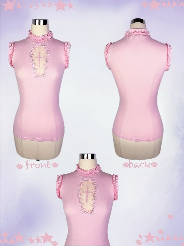 Goth Pink Mock Neck Coffin-Shaped Cutout  Pastel Light Sleeveless Top