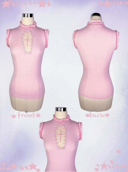 Goth Pink Mock Neck Coffin-Shaped Cutout  Pastel Light Sleeveless Top