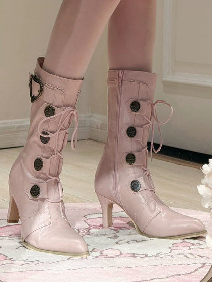 PU with Leather Toe Pointed Heels Lace-Up Lolita Sakura Mid-Calf Details Pink Design Boots Buckle -