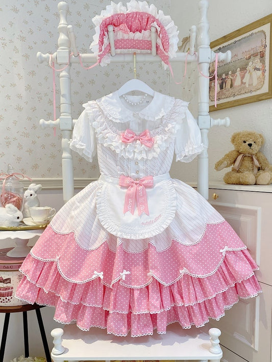 Lolita Old School Pattern Dots Pink Polka and Stripes Jumper Dress Skirt
