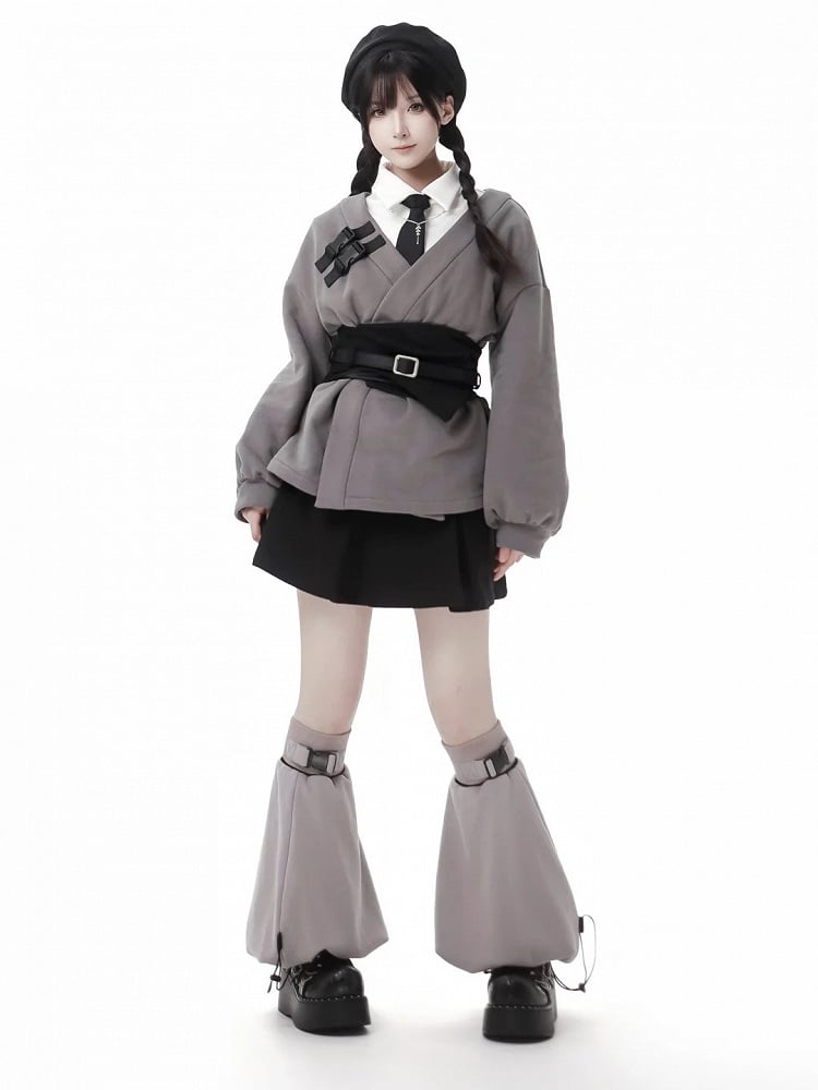 Dark Gray Notched Sweatshirt with Corset