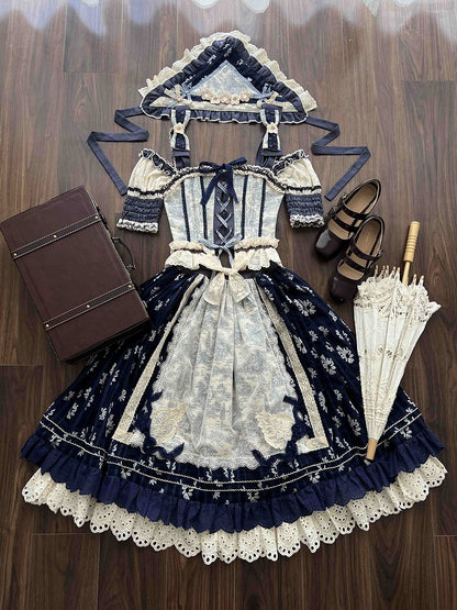 Blaues Cabins-Korsett-Oberteil mit offenen Schultern + dunkelblauer Lolita-Rock mit Blumenmuster