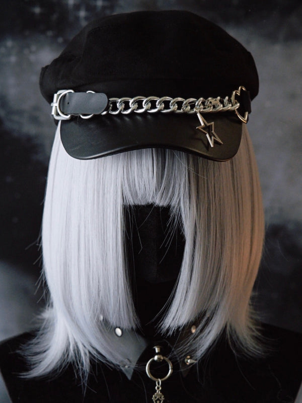 Mit Herz-Design Charm Kette Hut Gothic Black Star Schnalle Baskenmütze