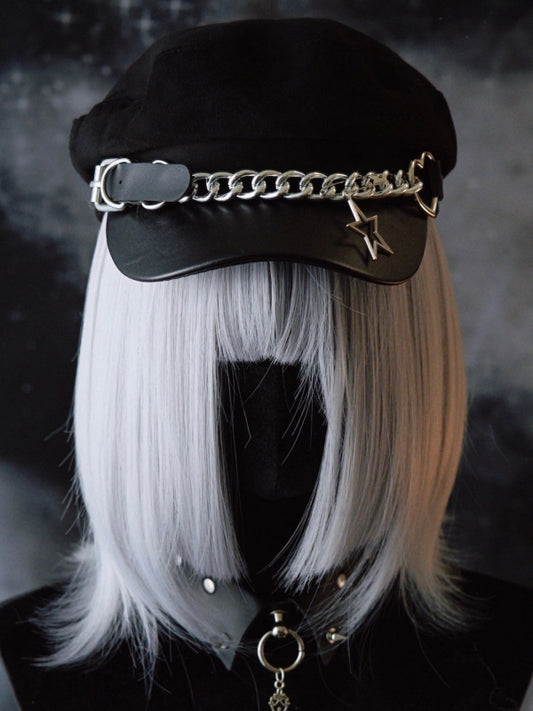 Mit Herz-Design Charm Kette Hut Gothic Black Star Schnalle Baskenmütze