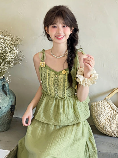 Mori Kei Green Knitted Floral Accents Cami Top