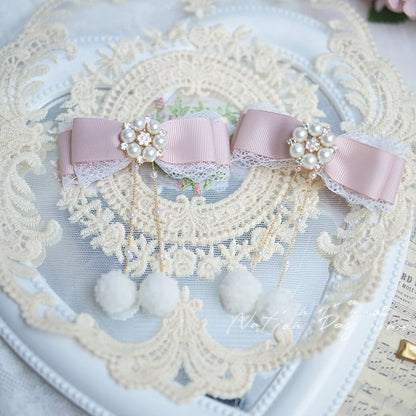 Pompons Charm Jirai Kei Schleife Haarspangen Rosa/Staubblau/Cremeblau Staubweiß/Hell