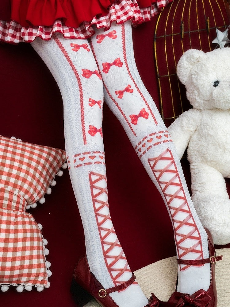 Red/Black Sweet Lolita Bowknot Heart Print Tights