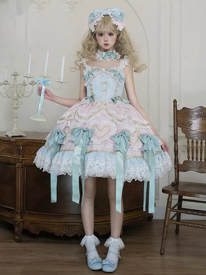 Mint Green Bows Pink and Blue Sweet Lolita Corset Dress with Choker