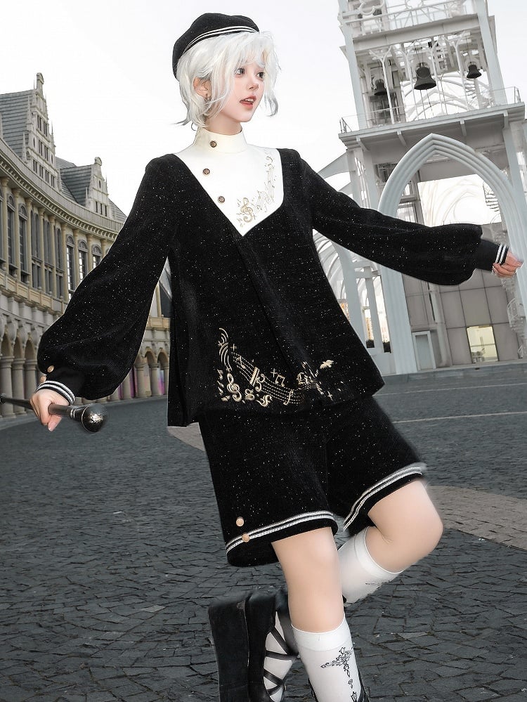 Black Ouji Glittering Waffle Top with Music Notes and Fringe Sash