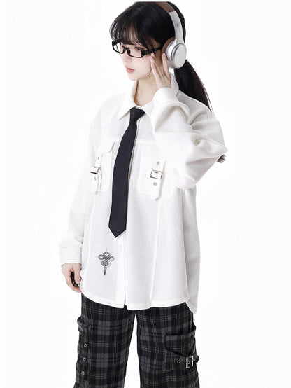 White Snake Buckle Strap Pockets Shirt with Free Tie