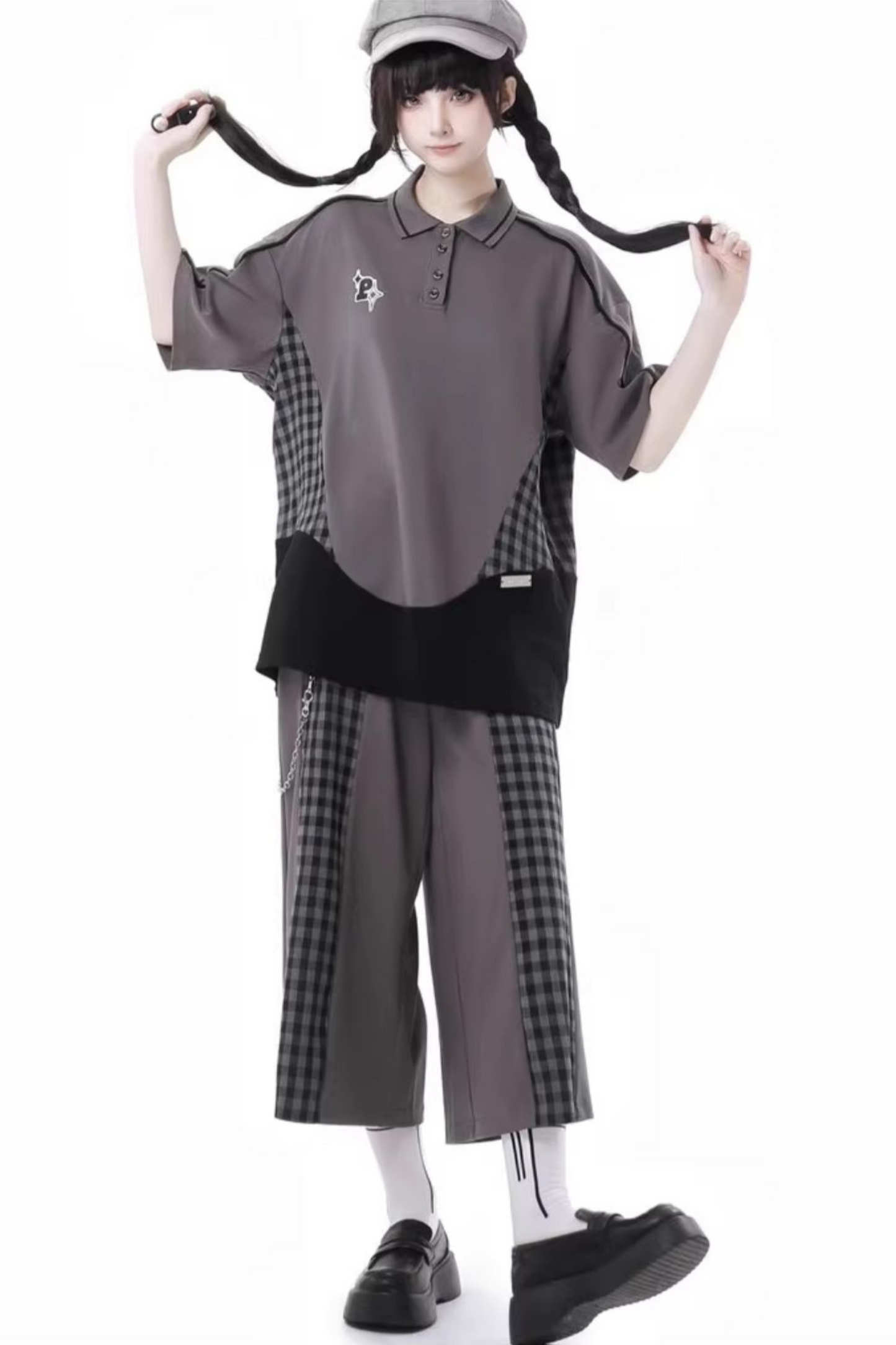 Mode Top Check Pants Skirt Casual Wide +