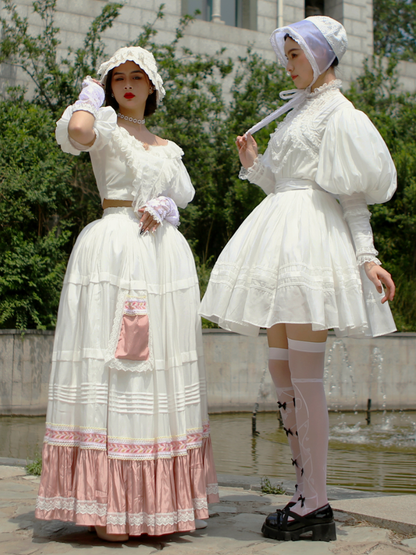 White Pink Lace Trim Flounce Hem Vintage Skirt