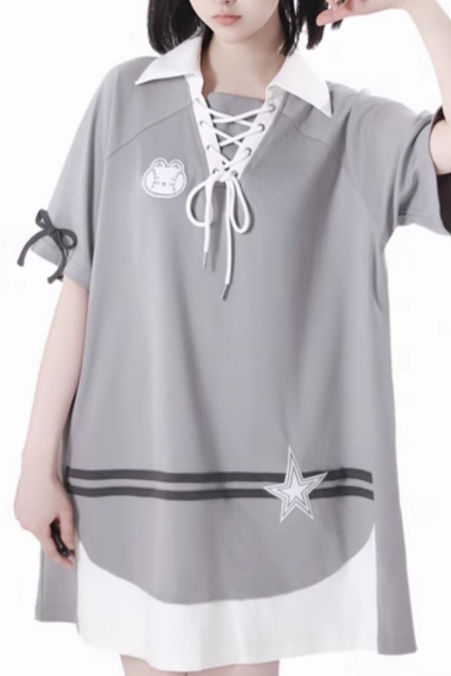 hooded skirt Lace-up top + loose t-shirt balloon