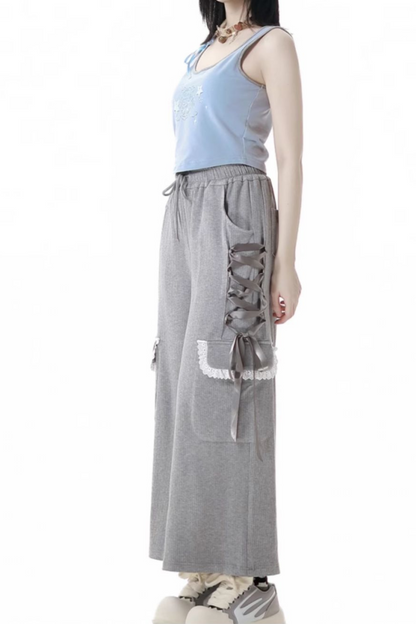 One-shoulder top + pants lace-up camisole