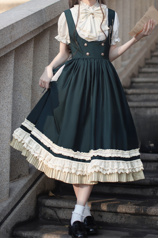skirt vest big shirt + college brooch Western-style ribbon puff sleeve