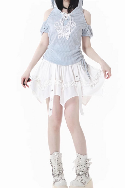 off-the-shoulder cake top + Rabbit hooded skirt