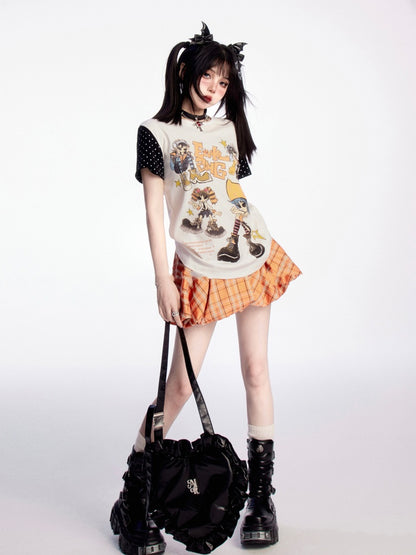 Puppy Orange Plaid Drawstring Waist Print Mini Bubble Skirt