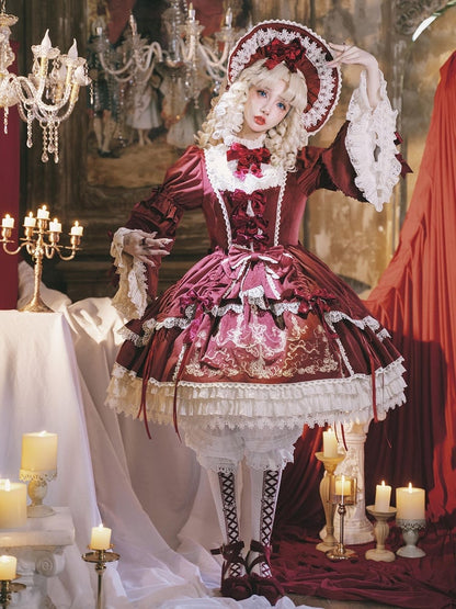 Red Candle Dress Candlestick Embroidery Velvet Bell and Sleeves