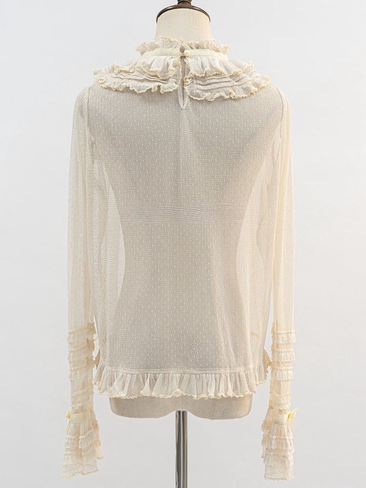 Beige Ruffle Neckline Sheer Long Sleeves Blouse