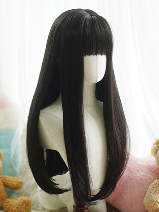 Black Long Straight Wig With Full Bangs