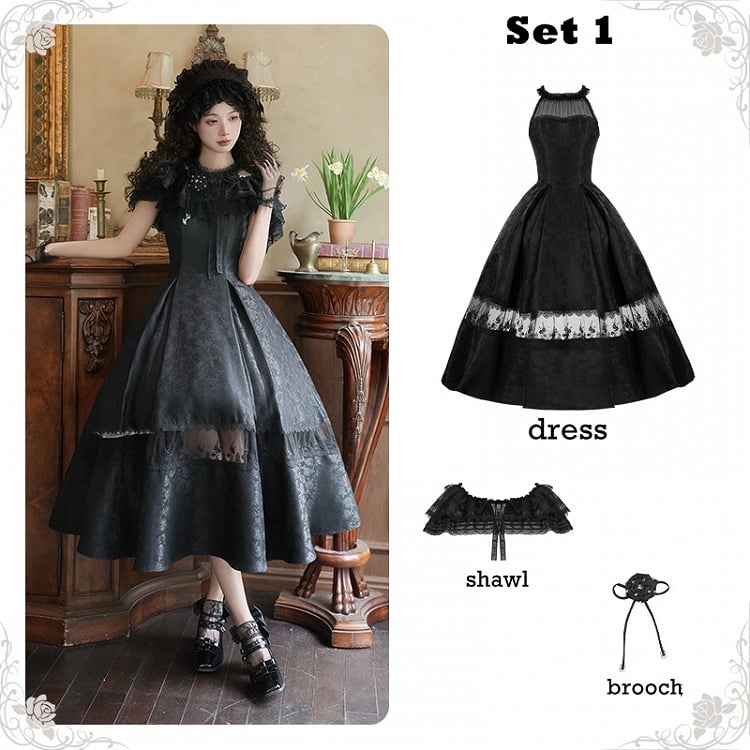 Neck Fabric Jacquard Halter Dress Full Rosette Black Set Illusion Elegant