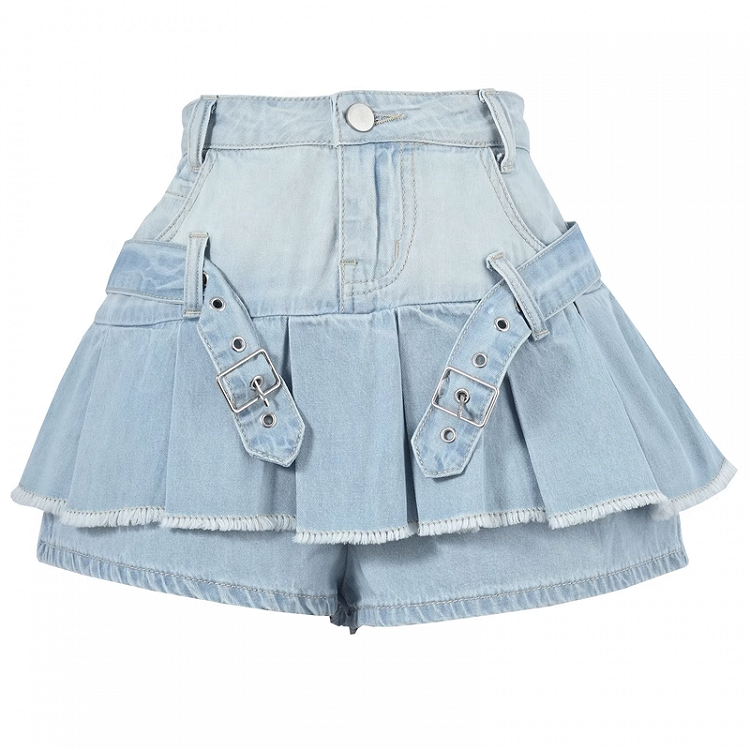 Raw Blue Buckle Straps Pleated Punk Skirt Hem Denim Glamorous