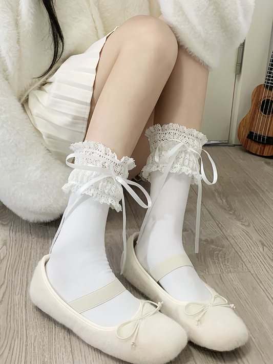 White/Red/Blue Bow Ribbons Lace Trim Sweet Calf Socks