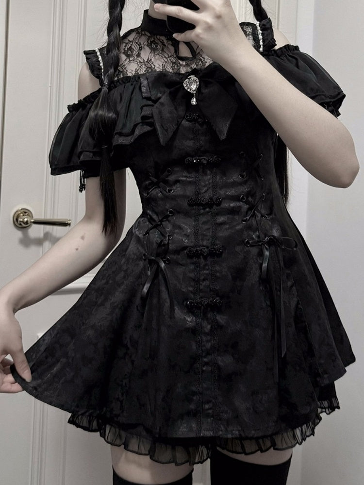 Cheongsam + Illusion Jirai Neckline Mini Dress Bow Tie Kei Shorts Set- Black Style + Bell Sleeves