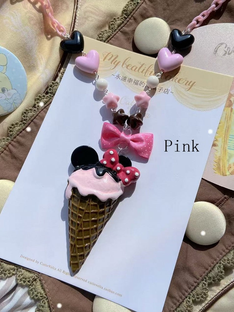Ice Cream Beaded Pink/White Yellow/Pink/Dark Decorated Necklace Pendant Bowknot