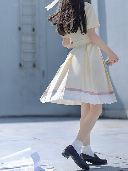 with Pleat Box Sailor Yellow Milk Waist Dress Skirt Collar Belt